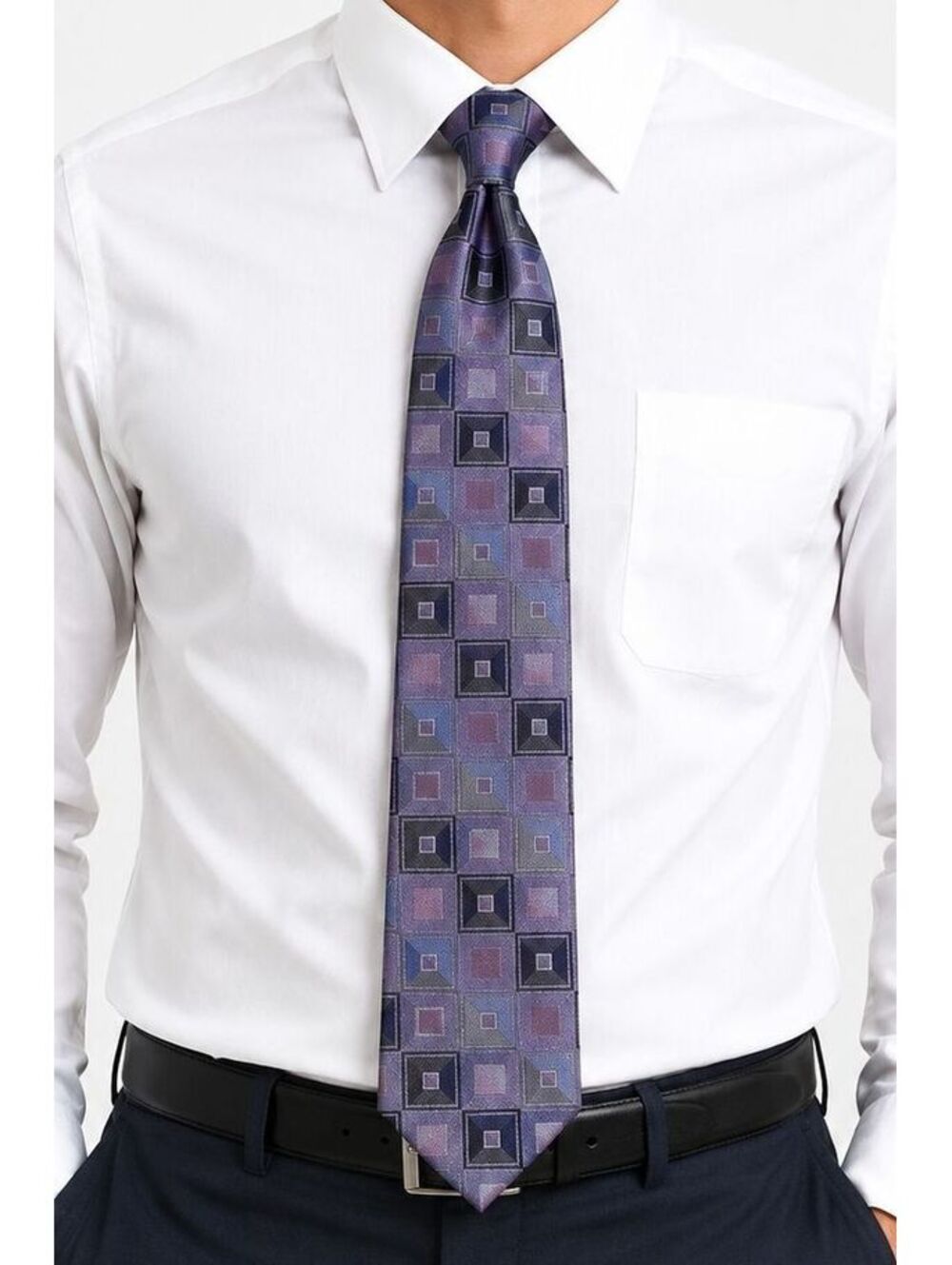 Mens Silk Purple Geometric Tie - Classic Pattern